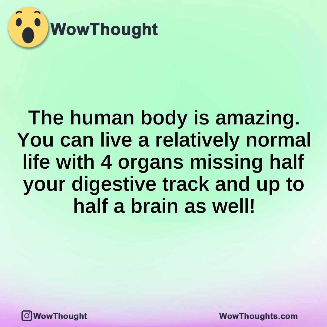 The human body is amazing. You can live a relatively normal life with 4 organs missing half your digestive track and up to half a brain as well!