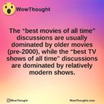 The “best movies of all time” discussions are usually dominated by older movies (pre-2000), while the “best TV shows of all time” discussions are dominated by relatively modern shows.