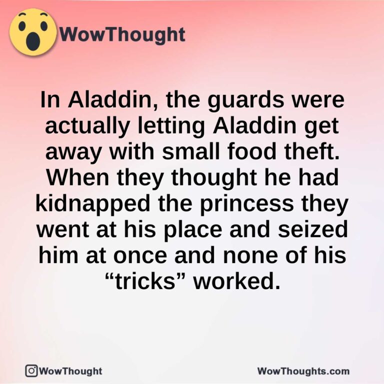 In Aladdin, the guards were actually letting Aladdin get away with small food theft. When they thought he had kidnapped the princess they went at his place and seized him at once and none of his “tricks” worked.