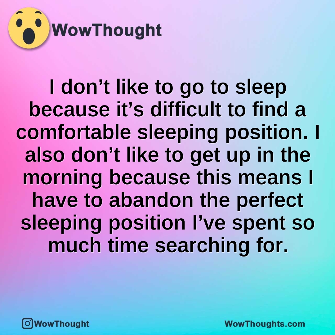 I don’t like to go to sleep because it’s difficult to find a comfortable sleeping position. I also don’t like to get up in the morning because this means I have to abandon the perfect sleeping position I’ve spent so much time searching for.