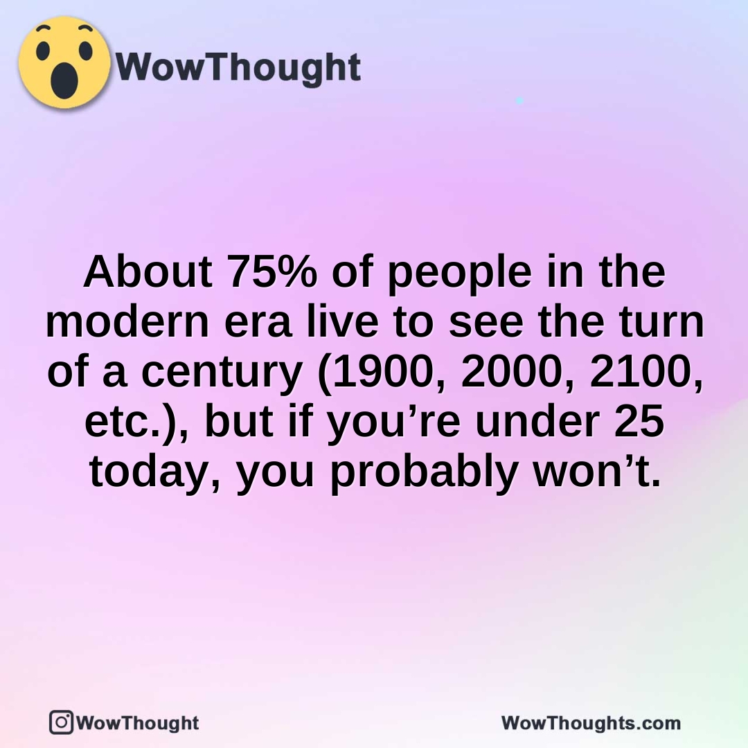 About 75% of people in the modern era live to see the turn of a century (1900, 2000, 2100, etc.), but if you’re under 25 today, you probably won’t.